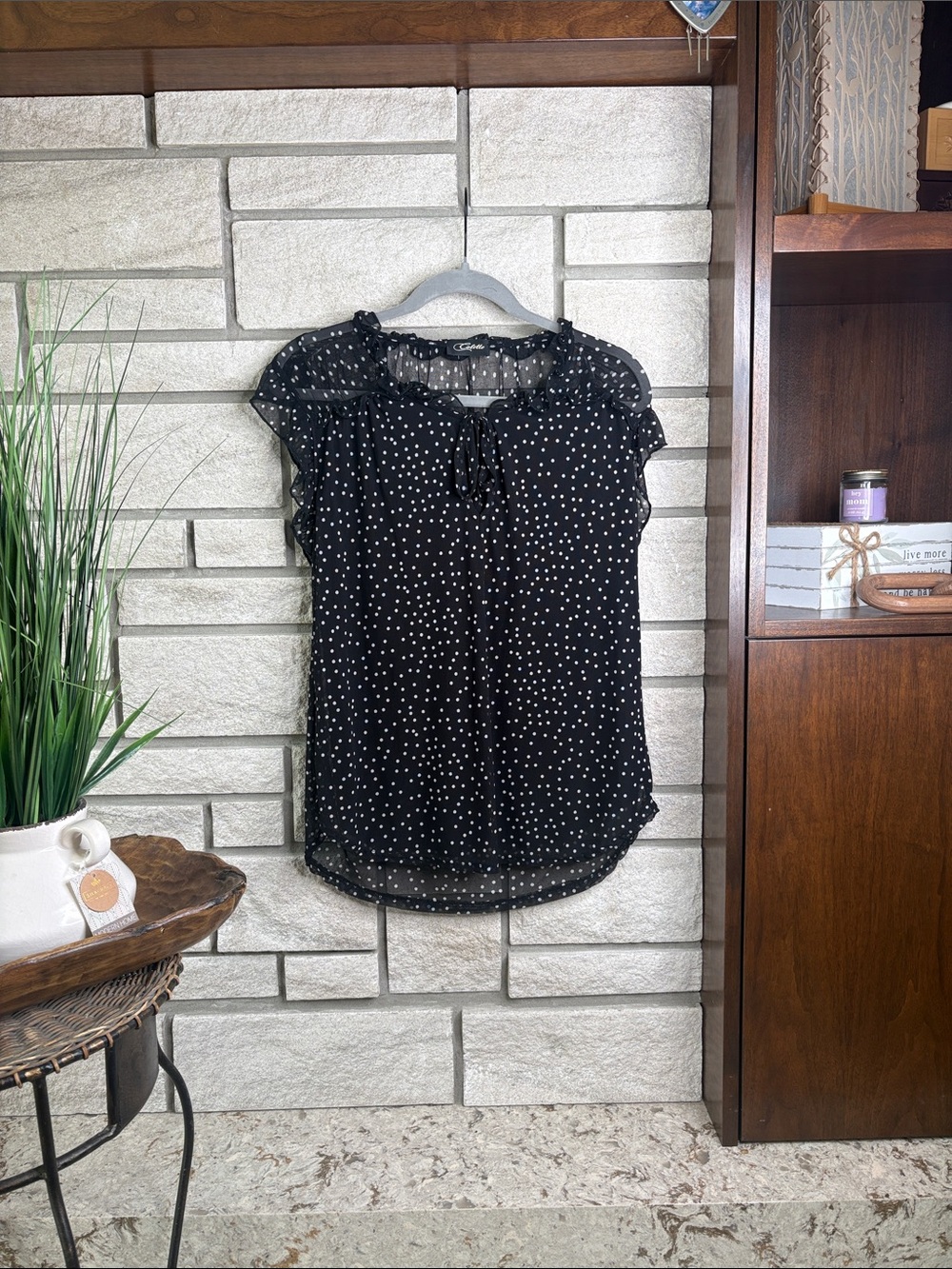 Candie's Black Polka Dot Tie-Neck Sheer Blouse